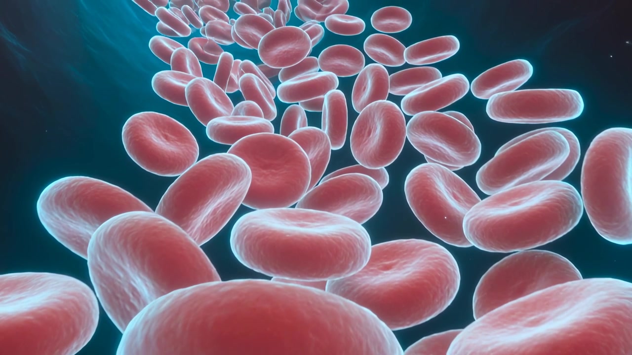 Heartbeat pulsing, red blood cells flowing forward through vessel lumen, cyan rim highlights