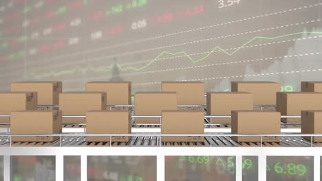 animation of delivery boxes on conveyer belt against stock market data processing and cityscape