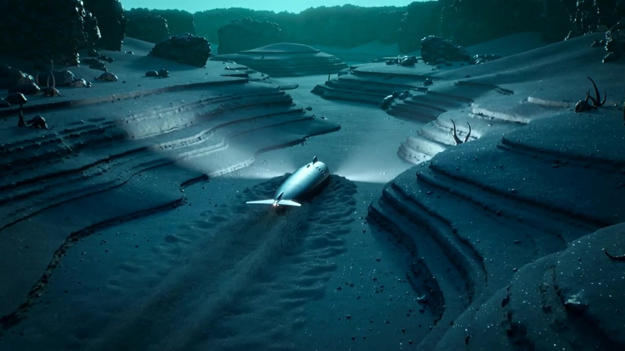 Navigating autonomously torpedo submersible moving along terraced seabed, leaving propeller wake