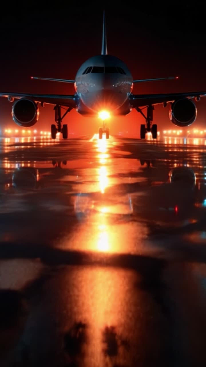 Impresionante avión de noche: Un reflejo cautivador de una aeronave iluminada por las luces de la pista y el brillo vibrante del atardecer sobre la plataforma.