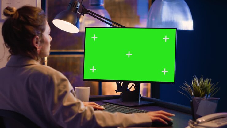 Kvinde, der arbejder på computer med grøn skærm