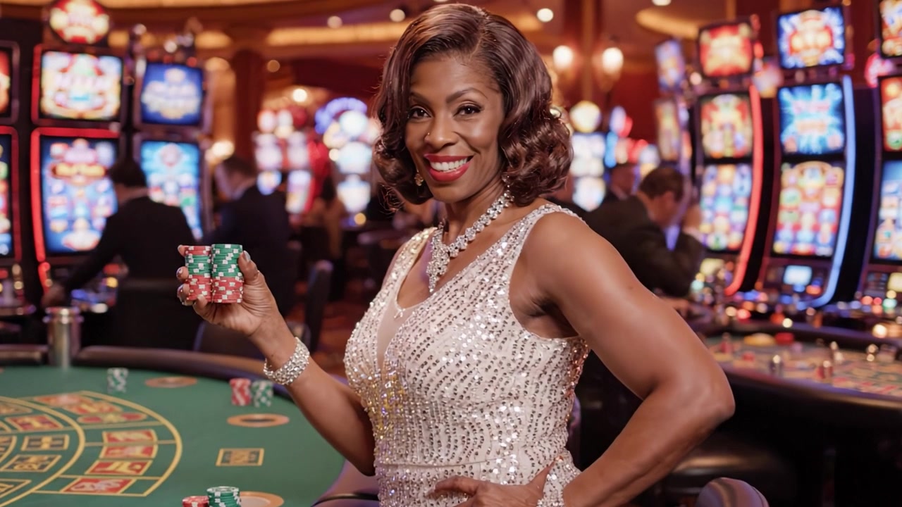 Una mujer glamurosa posa con confianza con fichas de póker en un bullicioso casino, encarnando la emoción y la sofisticación del entretenimiento de apuestas de alto nivel