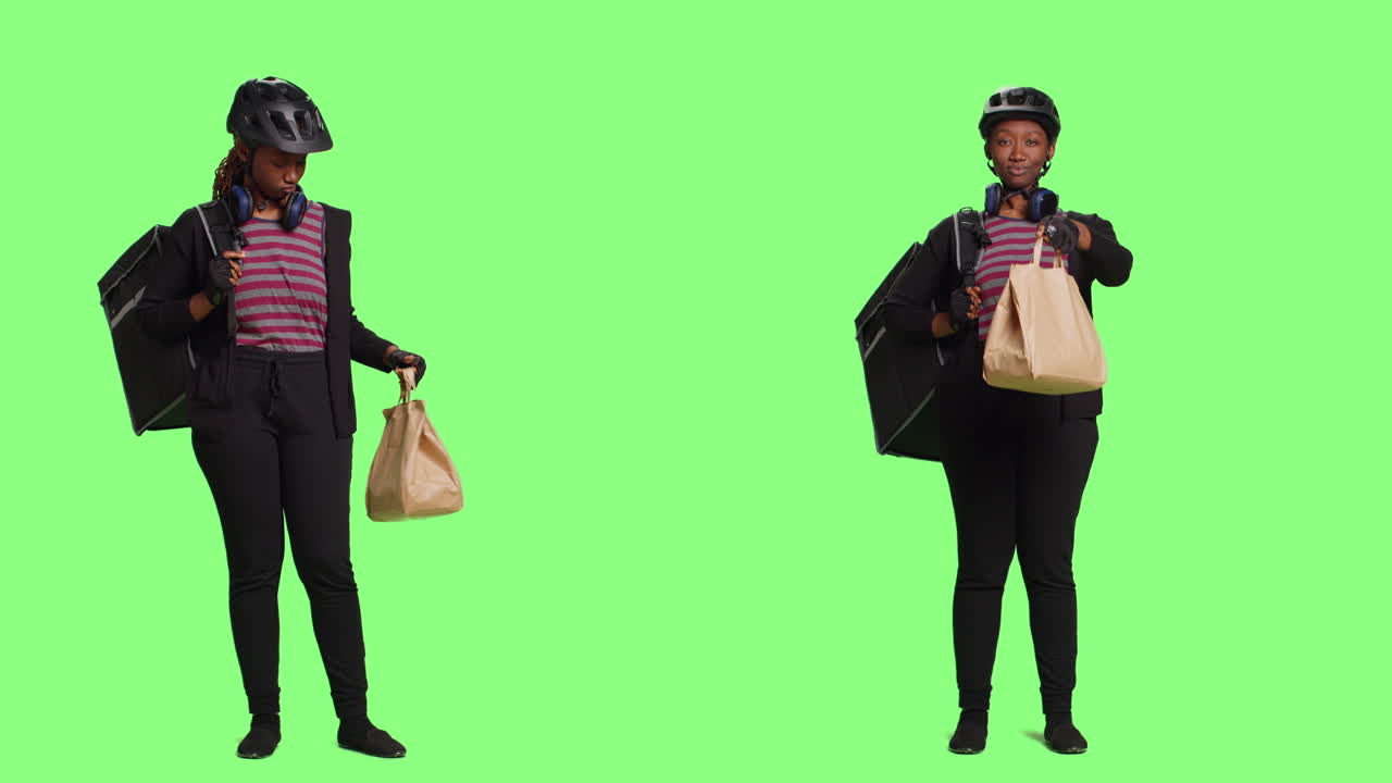 Entregador de comida por delivery em tela verde