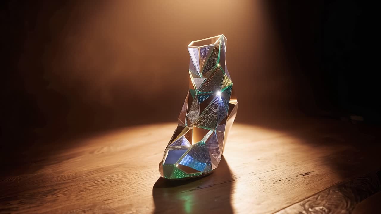 Scarpa luminosa brilla sotto una luce calda. Le sfaccettature di cristallo riflettono tonalità dorate. Lo sfondo in ombra esalta la sensazione magica. Perfetto per temi fantasy o di lusso. Nessuna persona, nessun animale, nessuna pianta mostrata