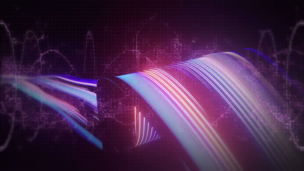 Forming abstract patterns, colorful light waves creating animation over digital grid