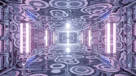 motion graphics sci fi: travel inside futuristic narrow long purple passage with round patterns on columns, ceiling, walls and floor toward white light