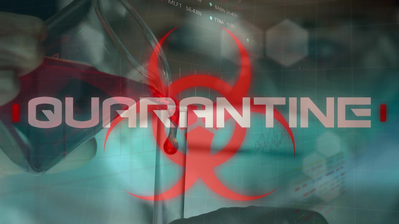 Animation of quarantine and biohazard over caucasian female lab worker with sample