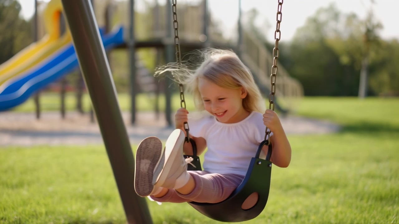 Una bambina sorride mentre è seduta su un'altalena del parco giochi, tenendo le catene di metallo con entrambe le mani. L'altalena si muove leggermente mentre guarda avanti in una scena di parco all'aperto soleggiata con attrezzature da parco giochi sfocate e erba verde sullo sfondo.