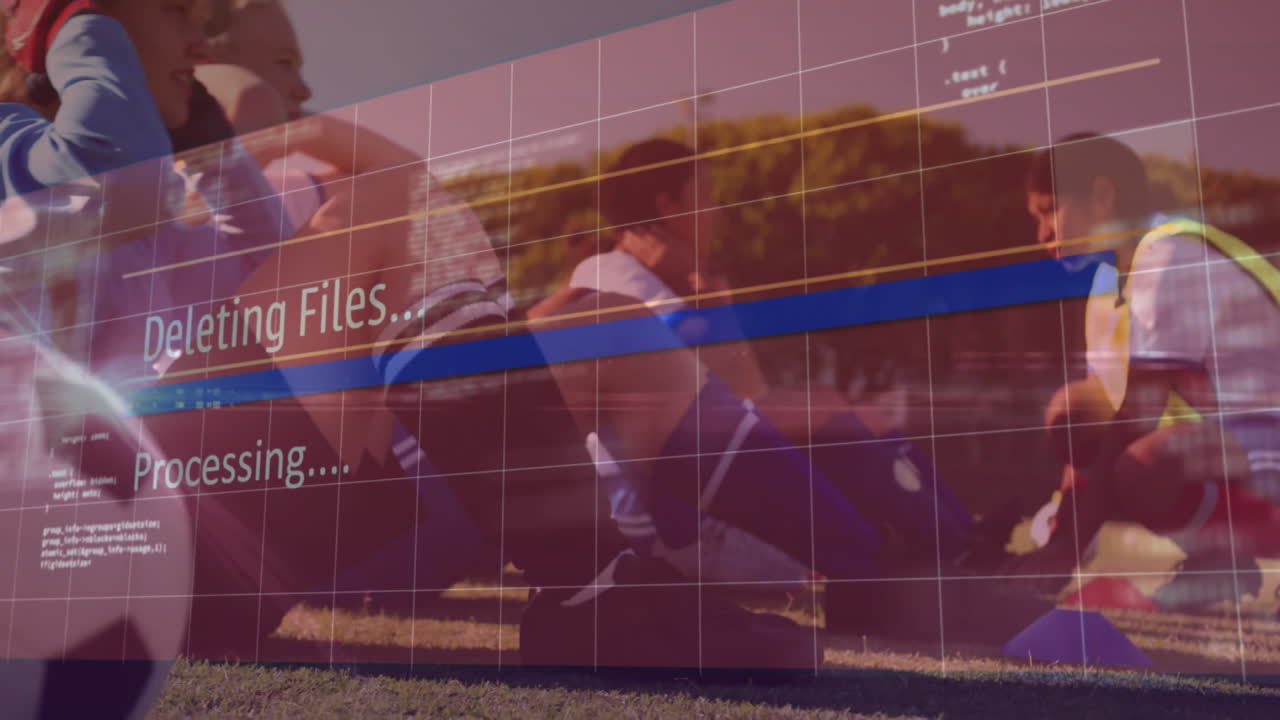 Deleting files and processing animation over people sitting on grass field