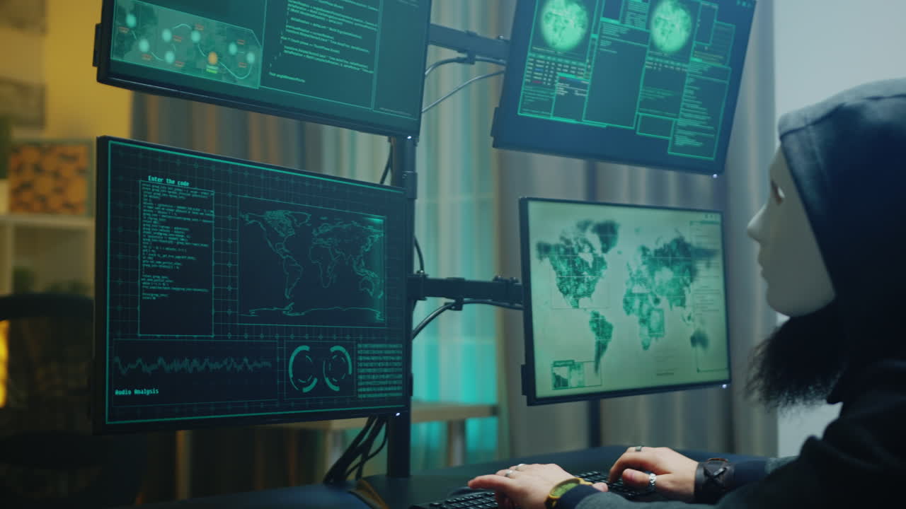 Masked hacker stealing online information from people