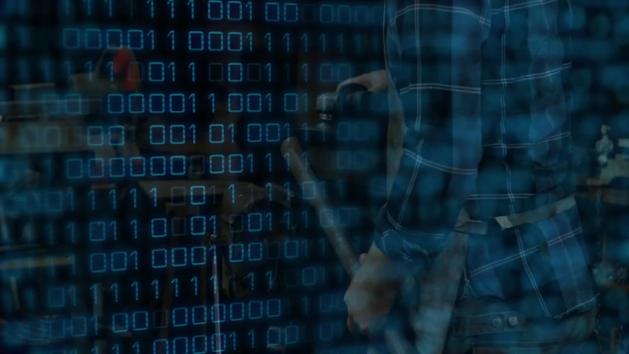 Man operating grinder in workshop, with floating binary code blending industry and tech
