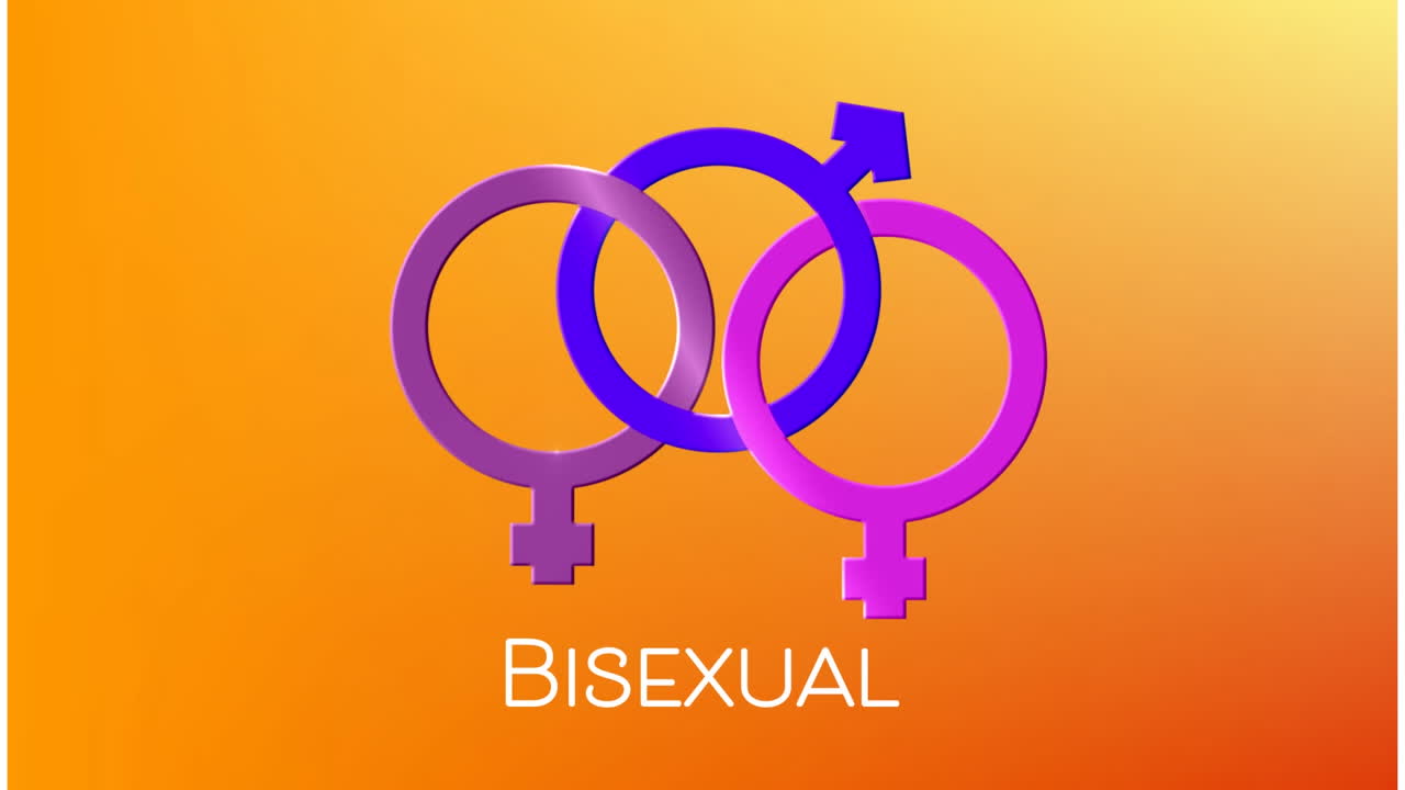 Animation of bisexual text banner and symbol against orange gradient background
