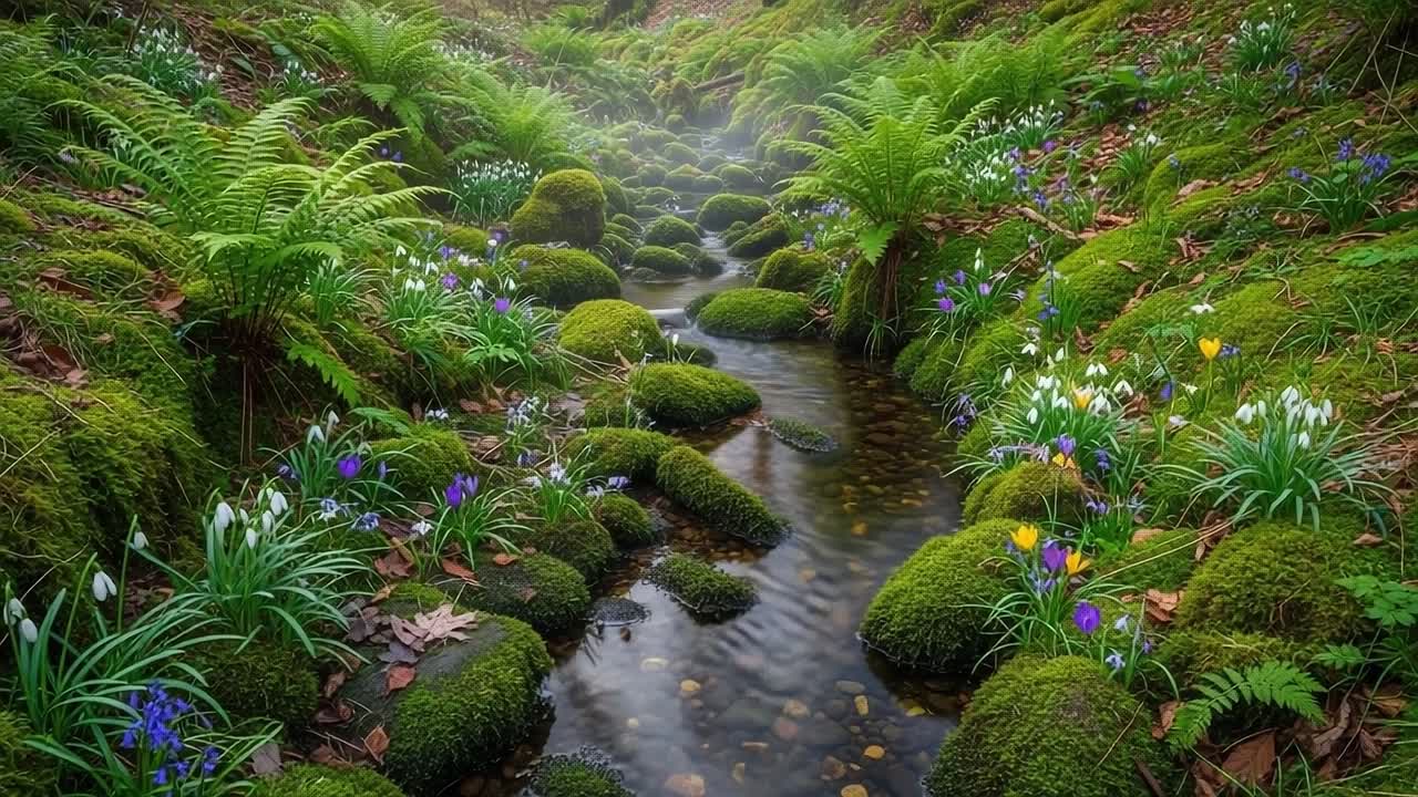 A Serene Stream Surrounded by Lush Greenery and Blooming Wildflowers, Capturing the Essence of Nature's Tranquility in a Vibrant, Misty Forest Landscape
