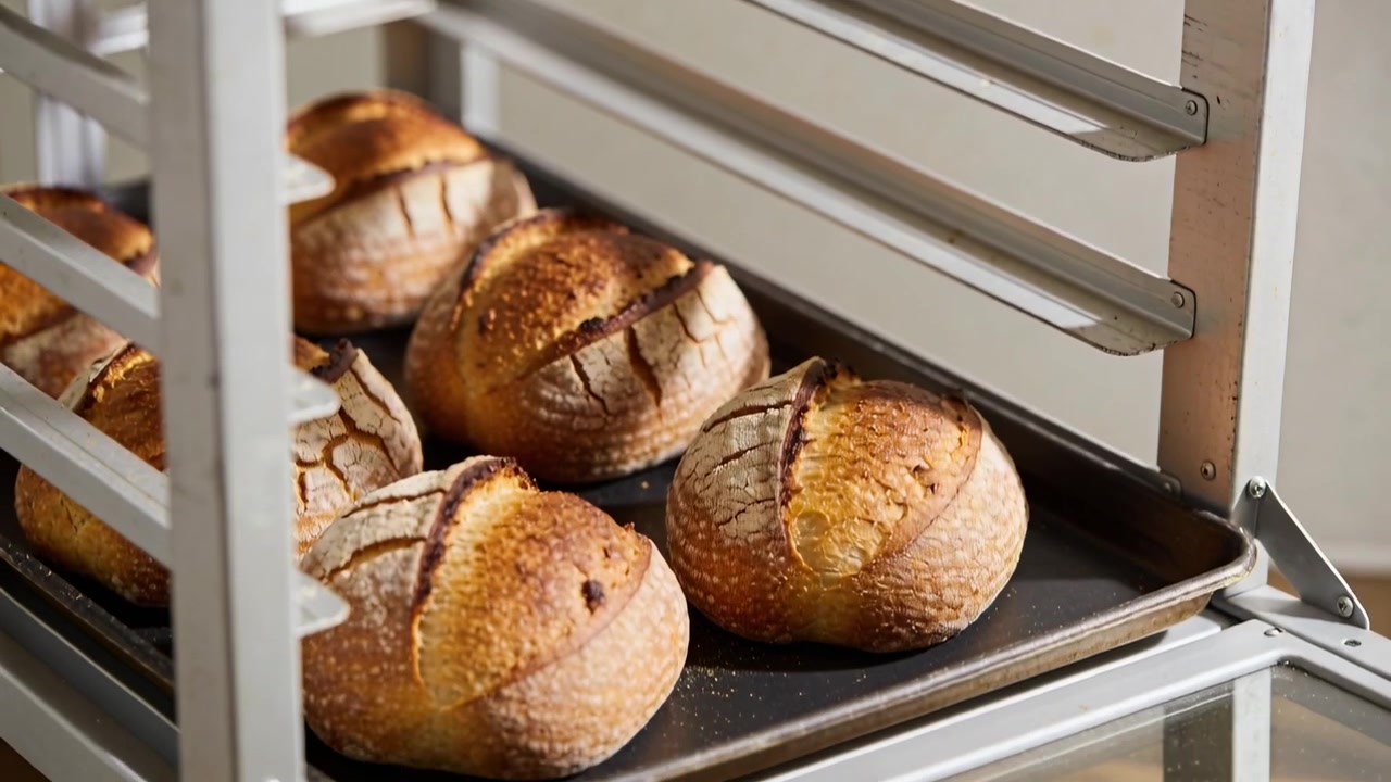 Sliding hand entering right pulling tray forward on metal rack, showing round loaves with tongs