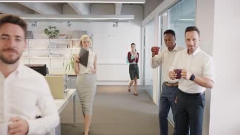 congratulations businessman receiving praise as team members clap in applause celebrating victory on return to office slow motion walk pov shot concept series