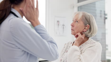 hearing aid, ear and senior woman for examination