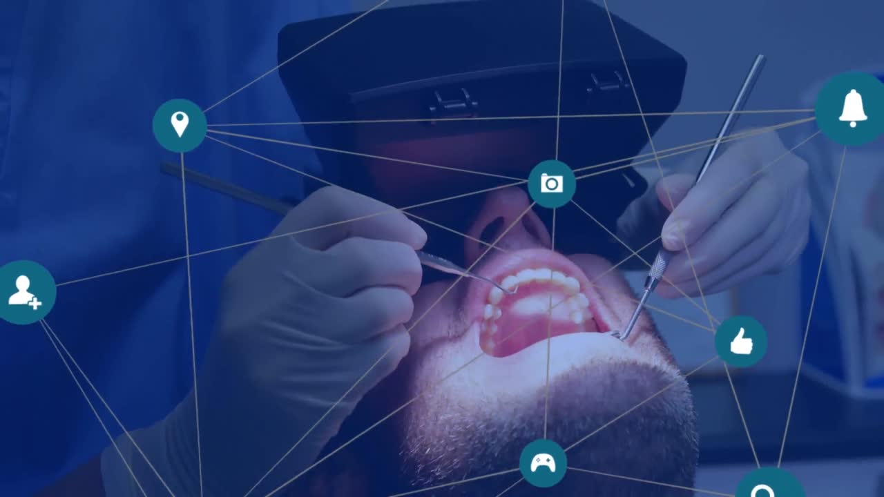 animação de redes de conexões com ícones sobre o homem na cadeira do dentista