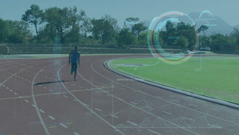 running on track, athlete with animation of digital data and energy analysis