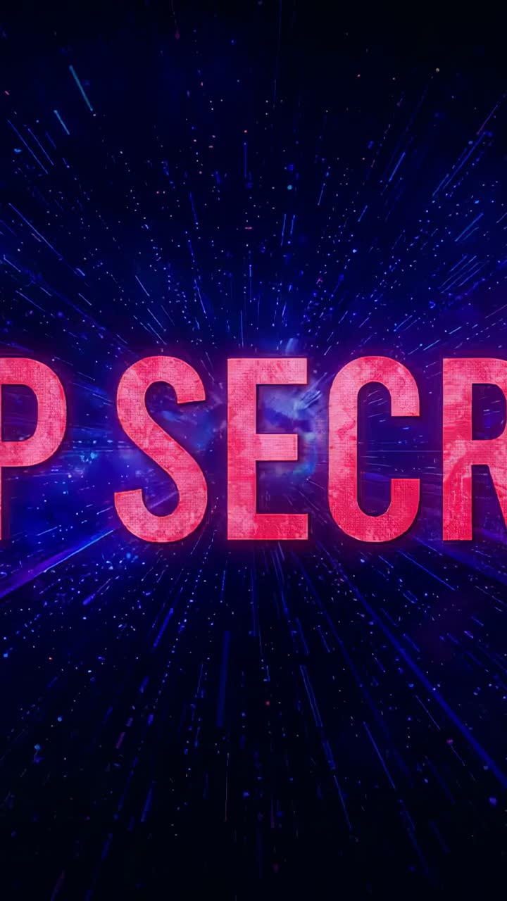 Vertical video: Bursting cyan burst sparking pink P SECR text revealing title card with specks