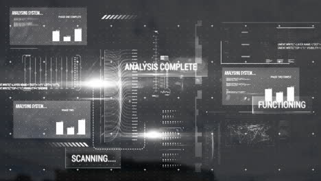 animation of multiple texts over graphs, loading bars against computer language