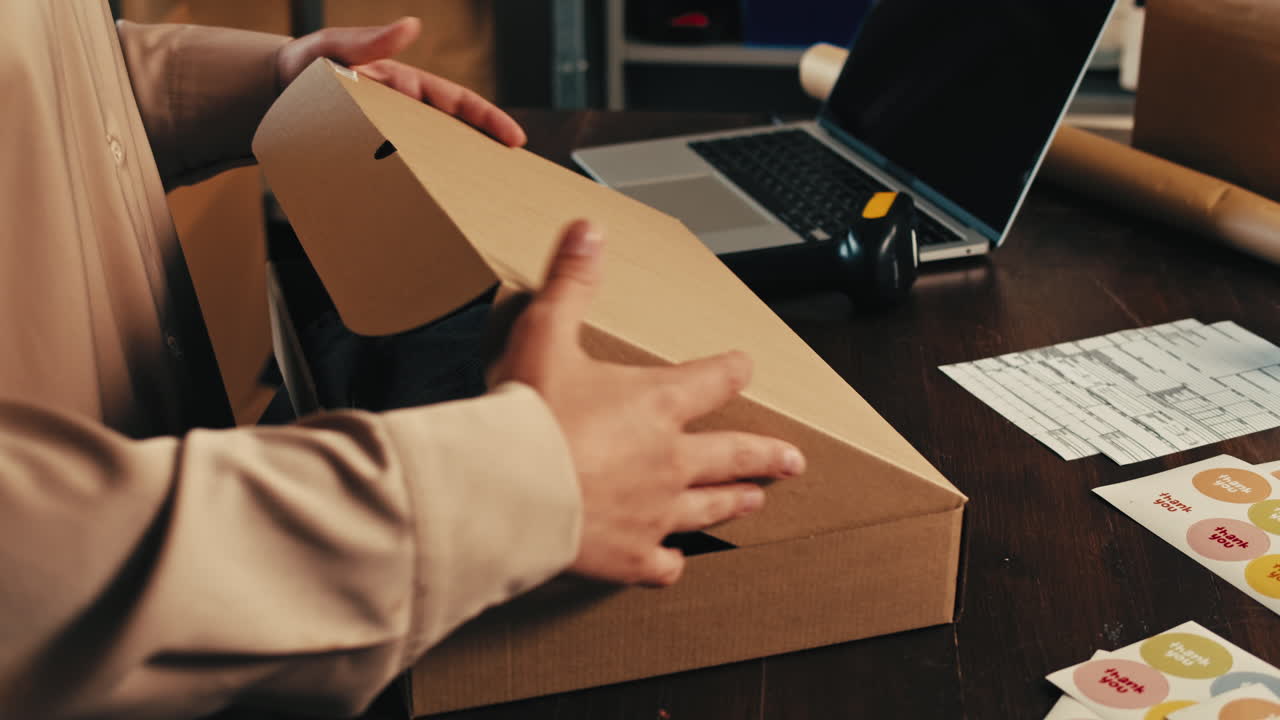 E-commerce storage shop, woman packing goods and clothes for second hand delivery market, dedicated Packaging and Shipping Workspace with Supplies and Technology for efficiency, online sales.