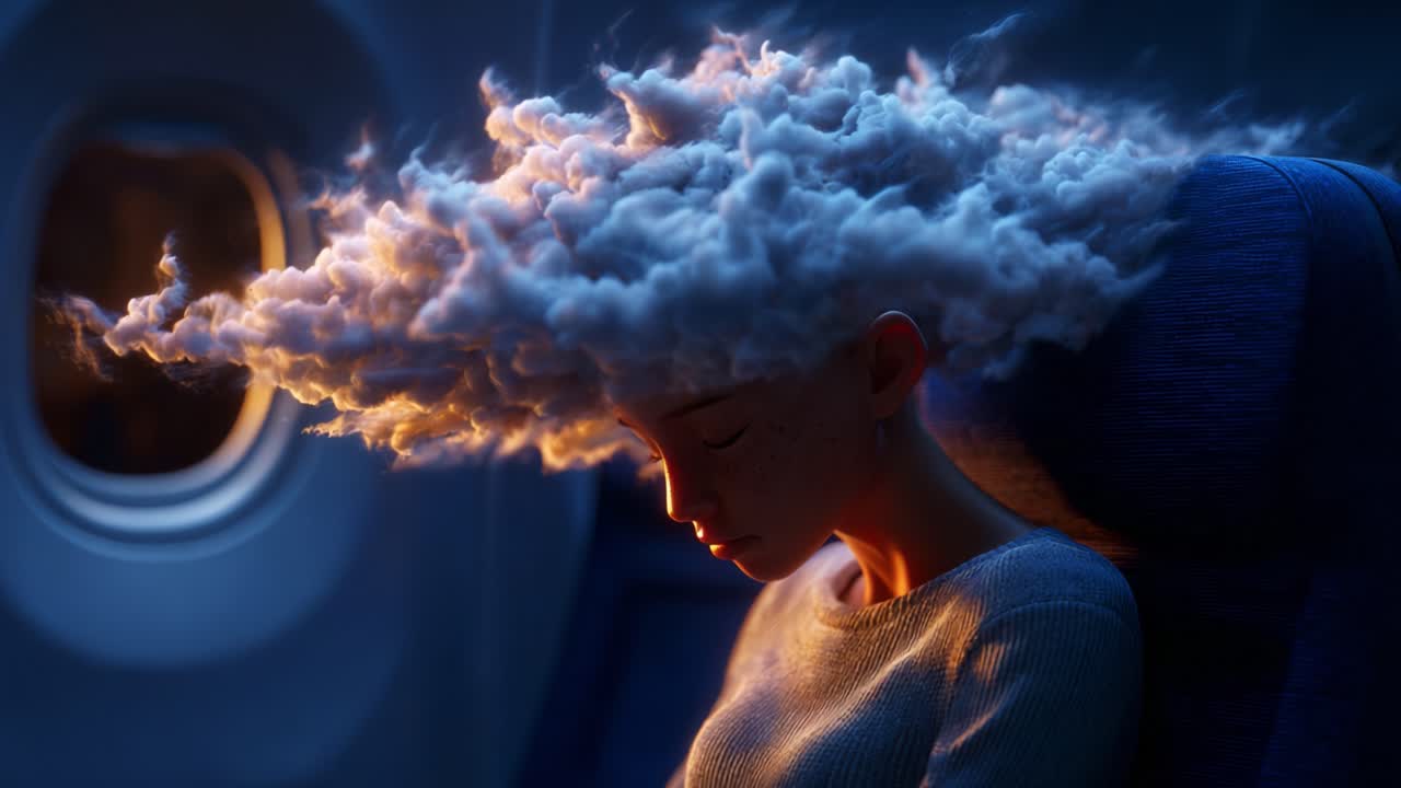 A Dreamy Journey: A Surreal Portrait of a Traveler with Ethereal Cloud-Like Hair Resting During a Night Flight, Capturing the Essence of Imagination and Wonder