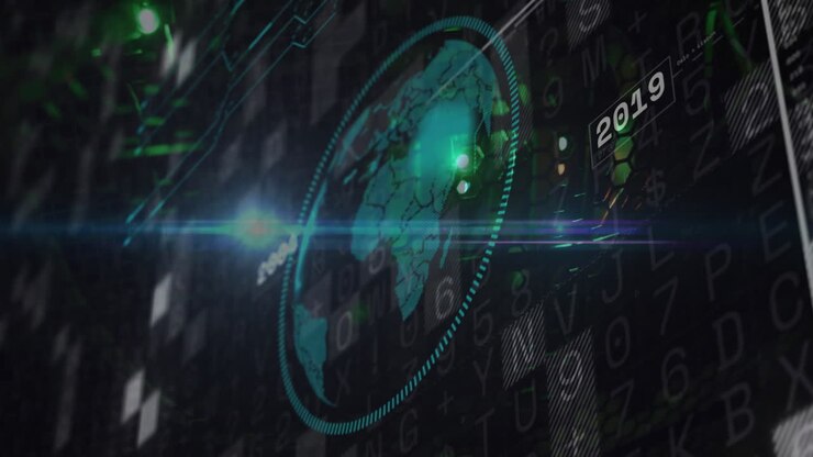 Digital world map and data processing animation over futuristic interface
