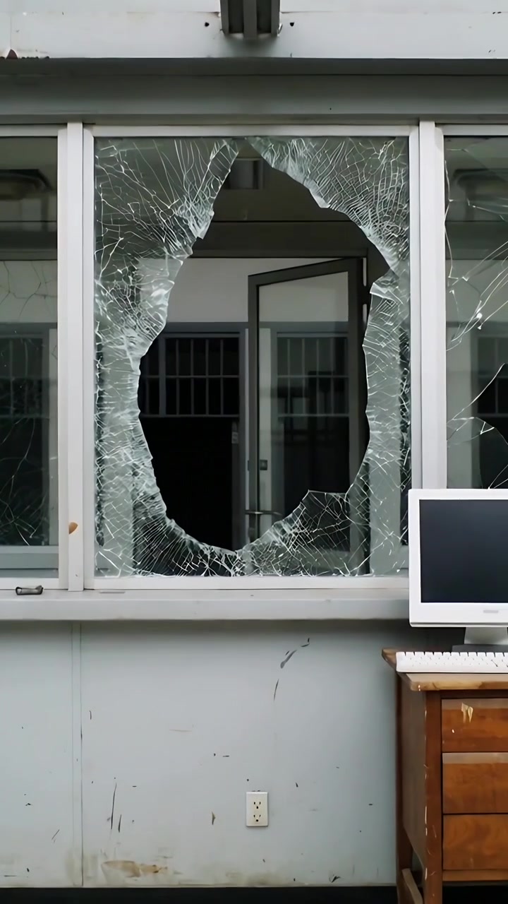 Vertical video: Panning cam moving forward at office window, showing broken oval hole and ajar door