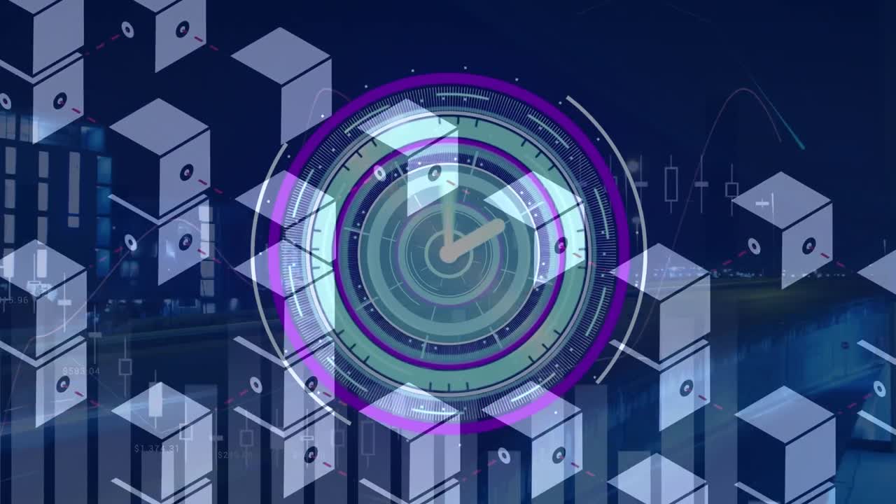 Animation of data processing with clock and cubes over cityscape