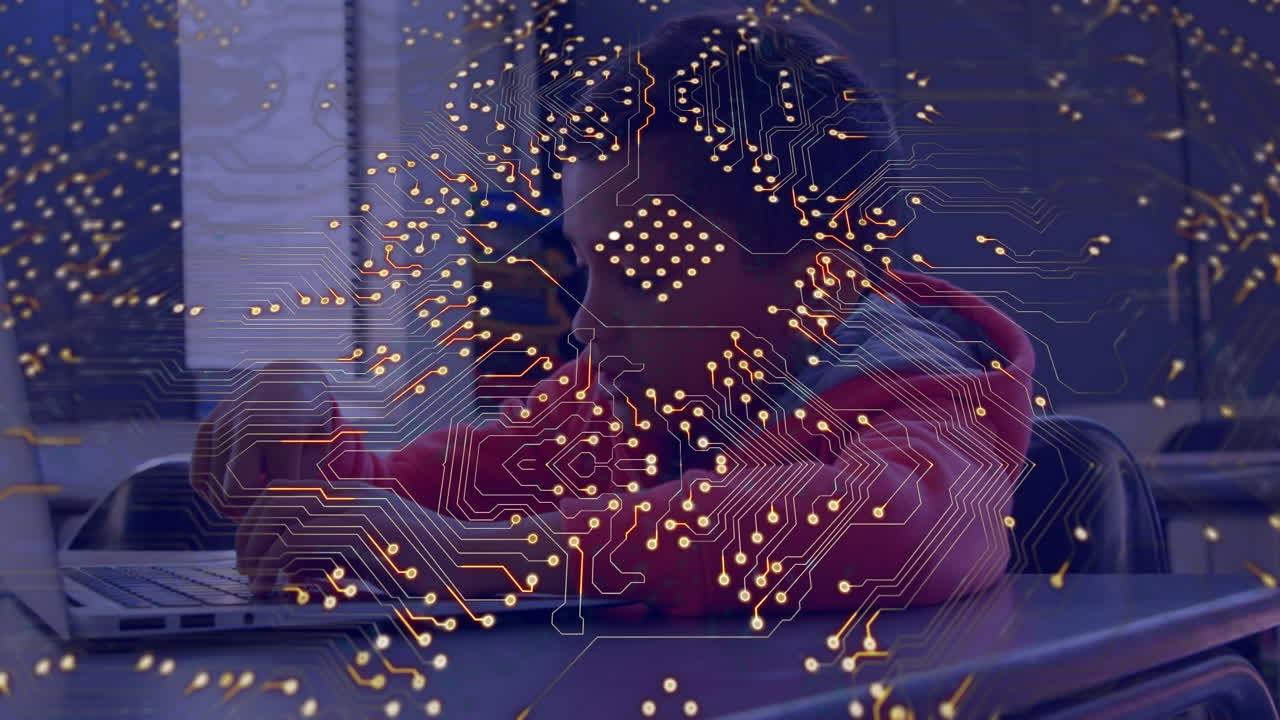 Animation of data processing and integrated circuit over caucasian boy using laptop at school