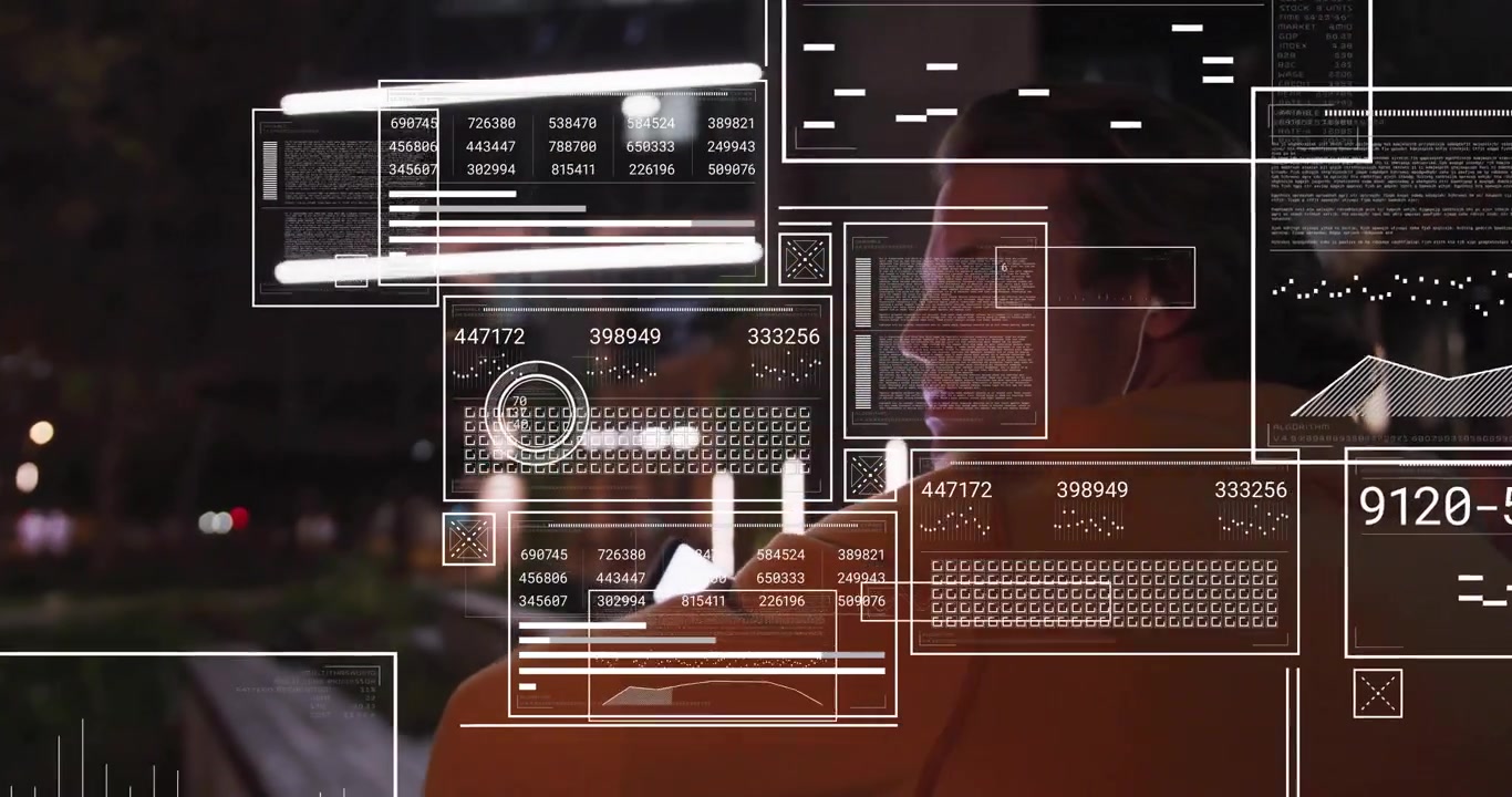 Man gazing city skyline and initiating animated data panels analyzing real-time technology metrics