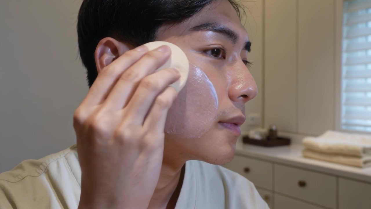 Pressing Asian man robe rotating cotton pad right cheek at vanity, with white cream for skincare
