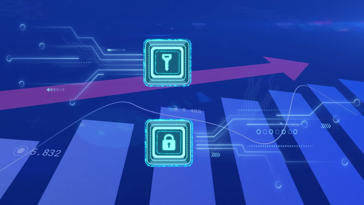 Animation of financial data processing over key and padlock icons and circuit board