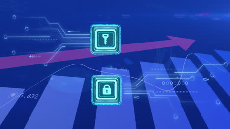 animation of financial data processing over key and padlock icons and circuit board