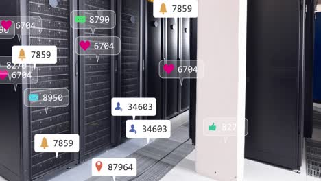 Social-media-icons-and-notifications-processing-data-over-computer-server-room