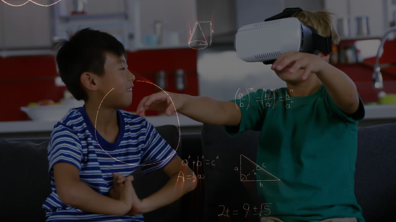 niño con un auricular de realidad virtual jugando con un amigo