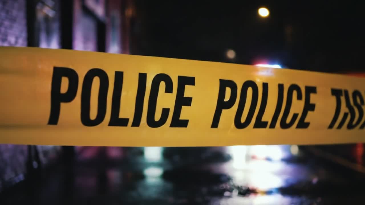 Bright lights illuminate a dark street as police tape cordons off a crime scene. Officers are busy managing the situation late into the night, ensuring public safety.