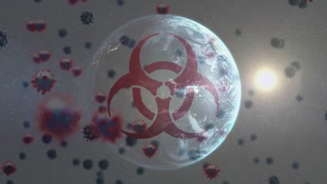 Animation-Von-Makro-Coronavirus-Covid-19-Zellen,-Die-Sich-über-Einen-Globus-Ausbreiten,-Und-Ein-Symbol