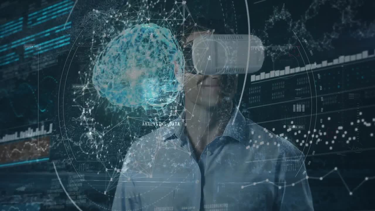 animación de la red de conexiones sobre el hombre que usa auriculares vr