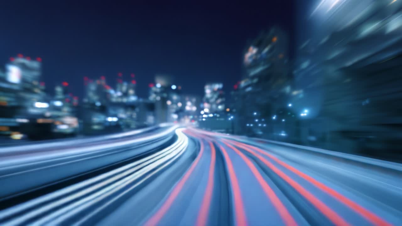 Paesaggio urbano dinamico di notte: accattivante effetto mosso delle rotaie del treno che mette in risalto le luci vivaci in un ambiente urbano pieno di vita ed energia