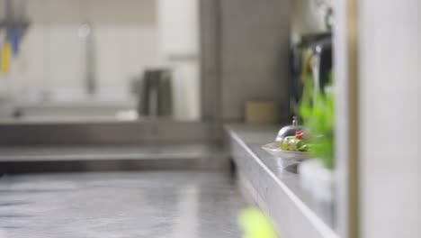 nearby a waiter in a long white shirt takes ready-made dishes with his own hands and takes them away to take them to the customer. while the cook puts out a new ready-made dish and notifies with a bell