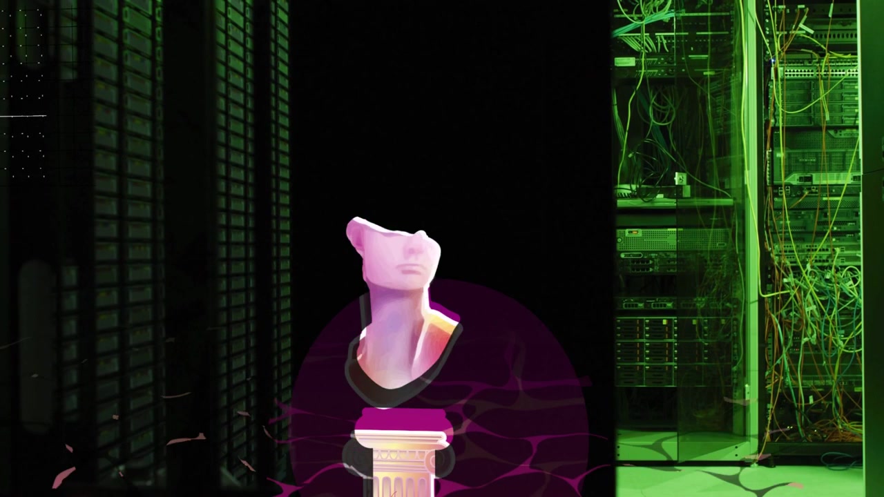 Grids initiating magenta bust emerging in datacenter, racks and green cables glowing for tech
