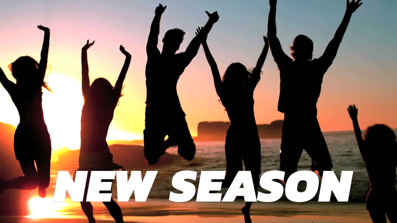 해변에서 행복한 사람들의 그룹에 대한 새로운 시즌 텍스트의 애니메이션