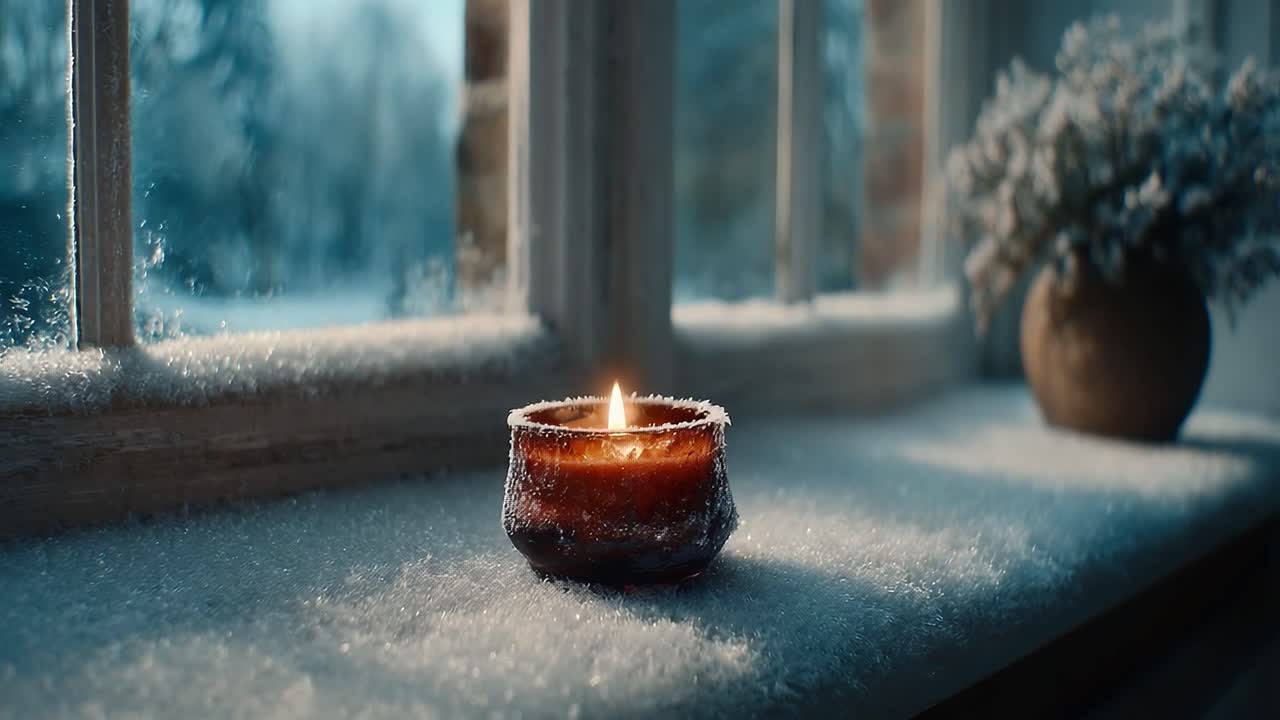 A Warm Candle Glows in the Winter Snow, Creating a Cozy Atmosphere by the Window Amidst the Chill of a Serene Snowy Day