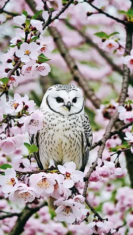 snowy owl in cherry blossom trees