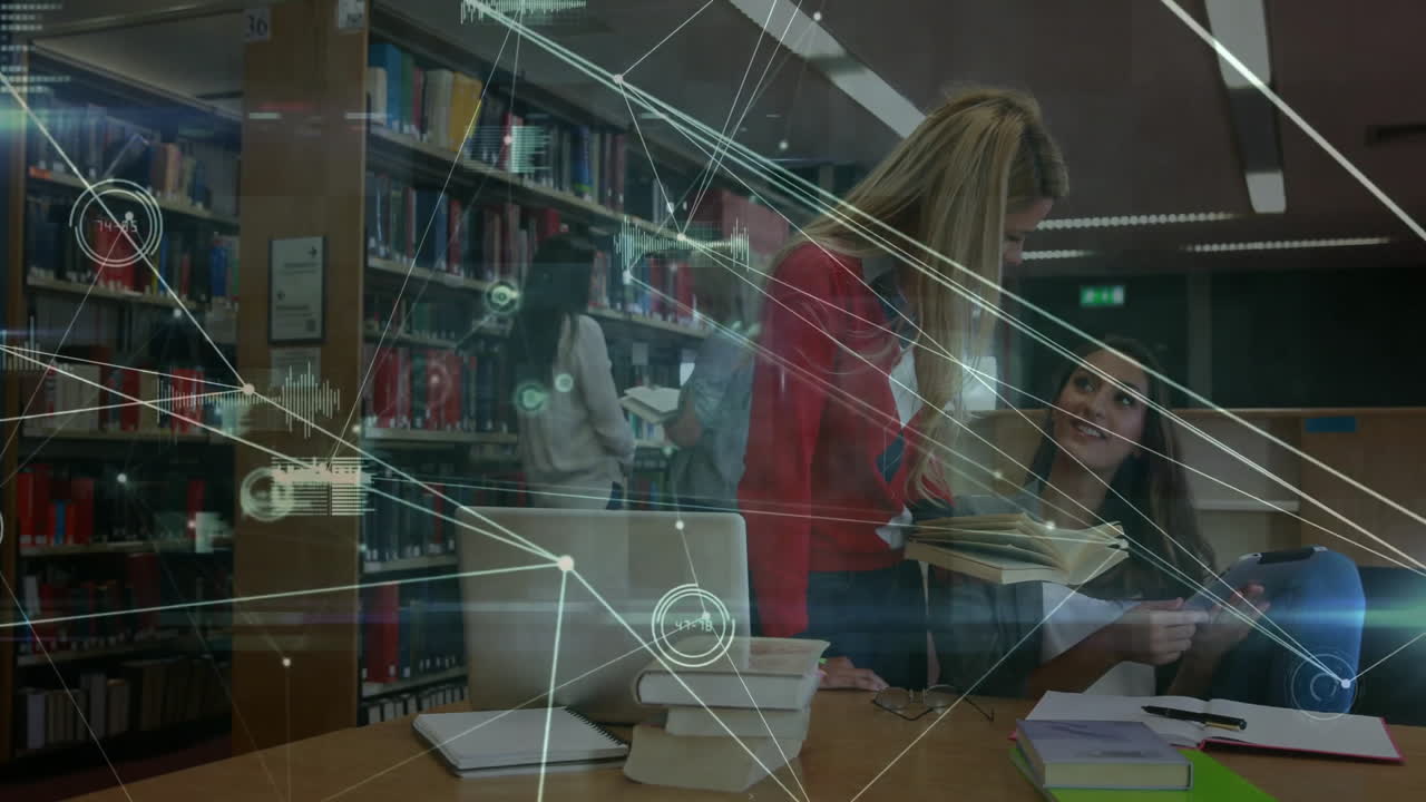 estudio en la biblioteca, estudiantes con conexiones de red y animación de procesamiento de datos