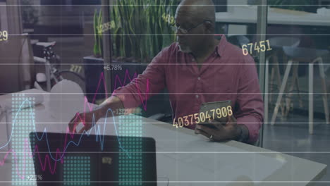 animation of stock market data processing over african american man working on a plan at office