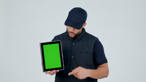 Delivery-man,-tablet-and-thumbs-up-for-green