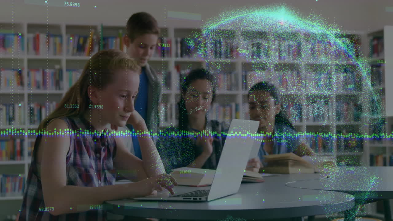 Students collaborating on laptops with digital data processing animation overlay