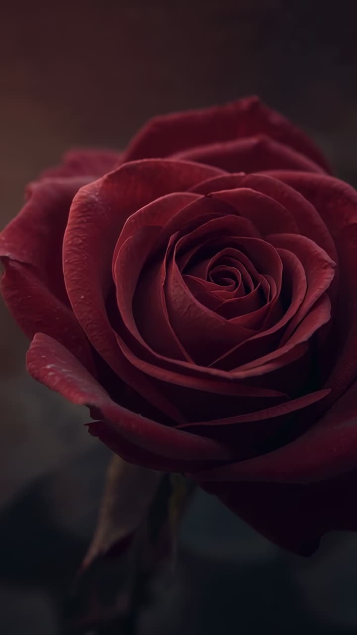 Video verticale: una camera in movimento cattura la fioritura di una rosa rosso intenso in studio, rivelandone i petali interni e la rugiada